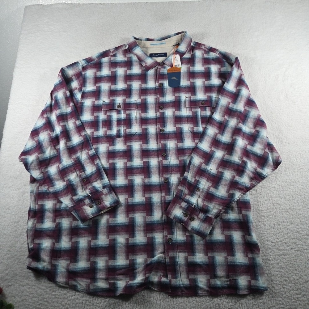 Tommy‎ Bahama Shirt Mens 5XB Flannel Button Up Booige Plaid Ruby Wine New